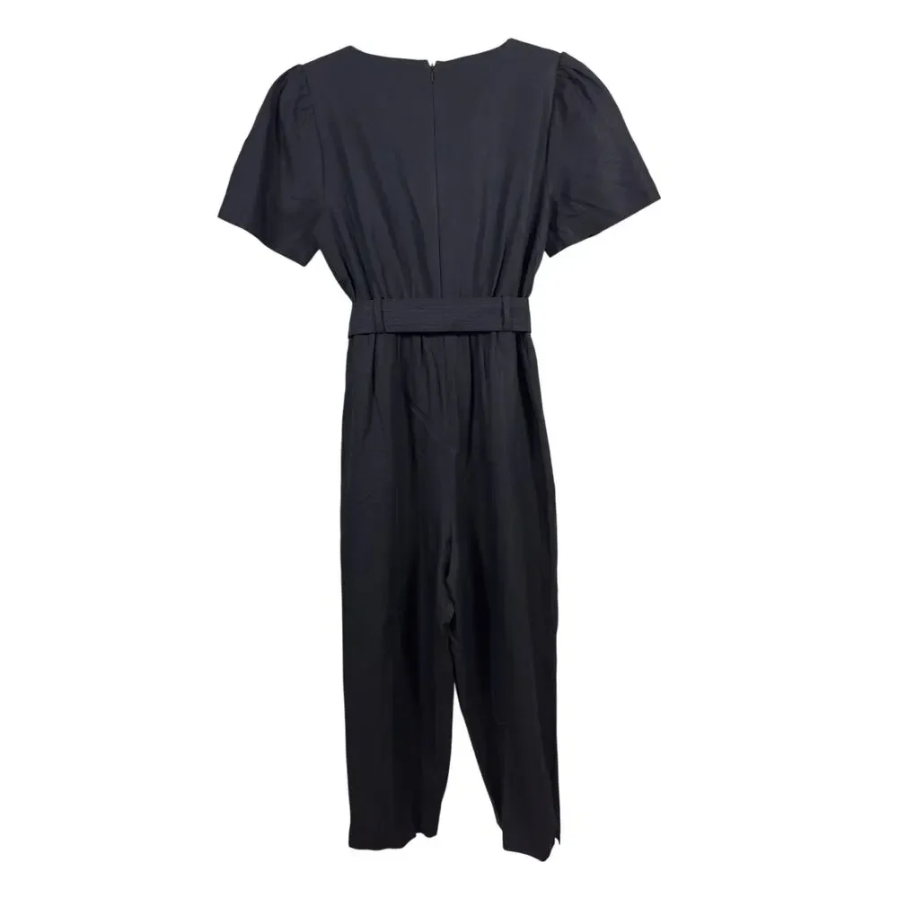 Kate Spade Jumpsuit Womens 8 Black Twill Double Breasted Puff Sleeve Square Neck